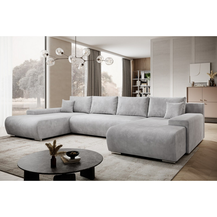 Credo Ecksofa U-Form, mit Schlaffunktion und Bettkasten, U-Form Couch CORD - Stoff Grau
